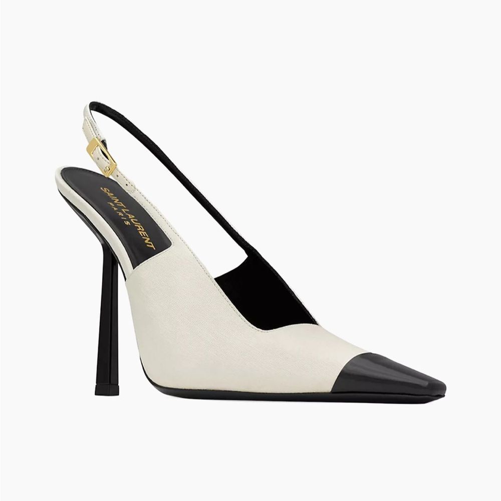 Saint Laurent YSL Ines Slingback Buckle Ivory & Black  Leather Heels 40 EU 10 US